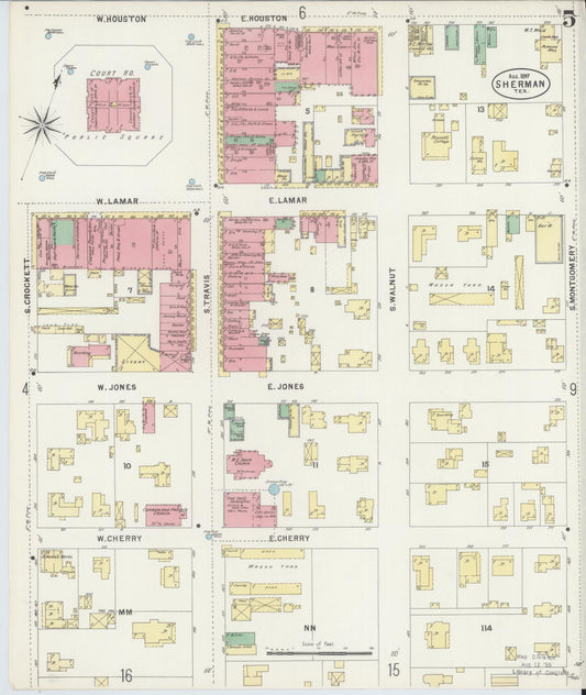 Sanborn Fire Insurance Map from Sherman, Grayson County, Texas (1897), Sheet #0005 - Historic Sanborn Fire Insurance Map Print, vintage old map wall art, antique decor, genealogy gift, Texas Texas map