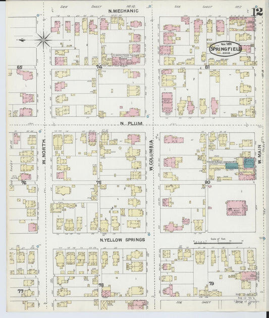 Sanborn Fire Insurance Map from Springfield, Clark County, Ohio (1891), Sheet #0012 - Historic Sanborn Fire Insurance Map Print, vintage old map wall art, antique decor, genealogy gift, Ohio Ohio map