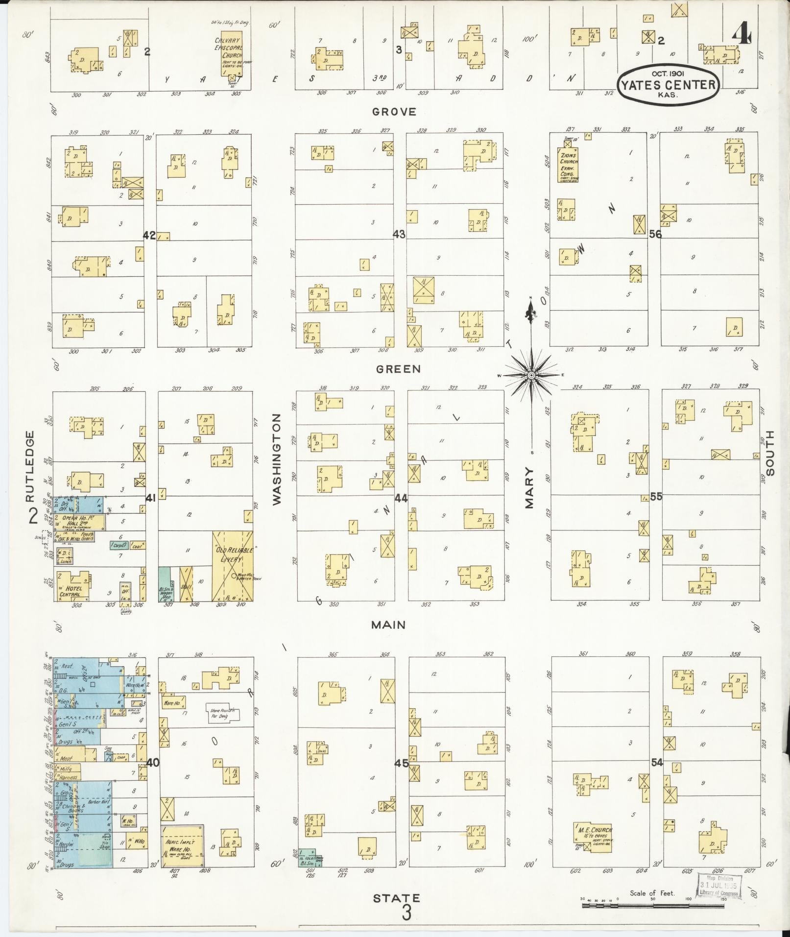Sanborn Fire Insurance Map from Yates Center, Woodson County, Kansas (1901), Sheet #0004 - Historic Sanborn Fire Insurance Map Print, vintage old map wall art, antique decor, genealogy gift, Kansas Kansas map
