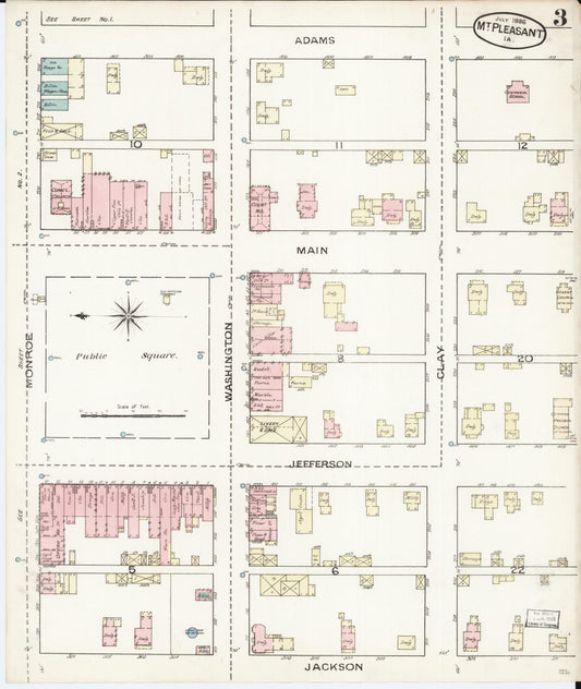 Sanborn Fire Insurance Map from Mount Pleasant, Henry County, Iowa (1886), Sheet #0003 - Historic Sanborn Fire Insurance Map Print, vintage old map wall art