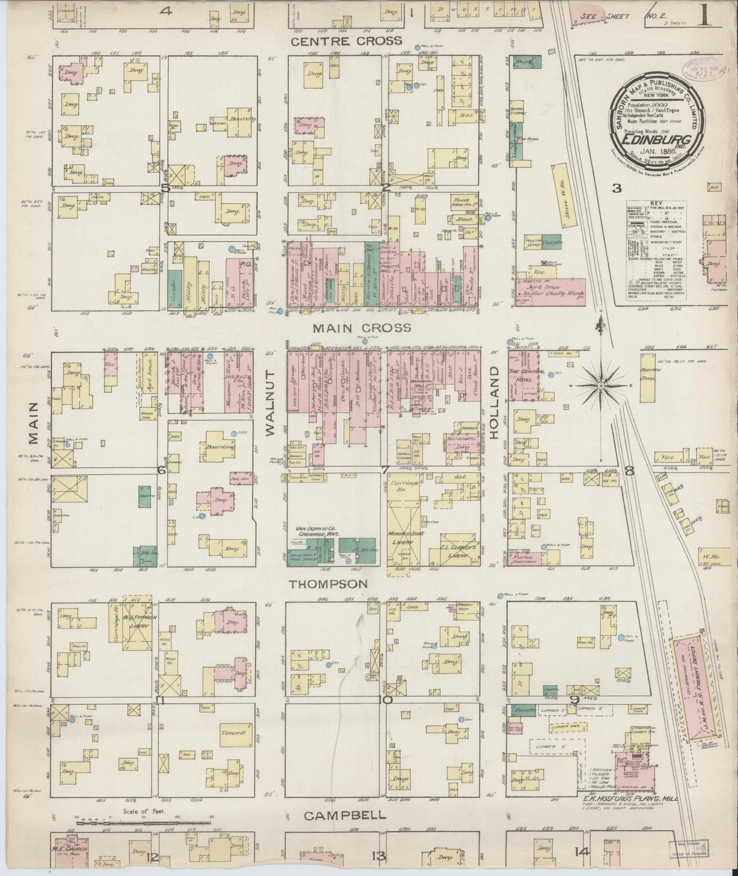 Sanborn Fire Insurance Map from Edinburg, Johnson And Bartholomew Counties, Indiana (1886), Sheet #0001 - Complete Map Set gallery image, historic Sanborn map, vintage wall art, Indiana Indiana