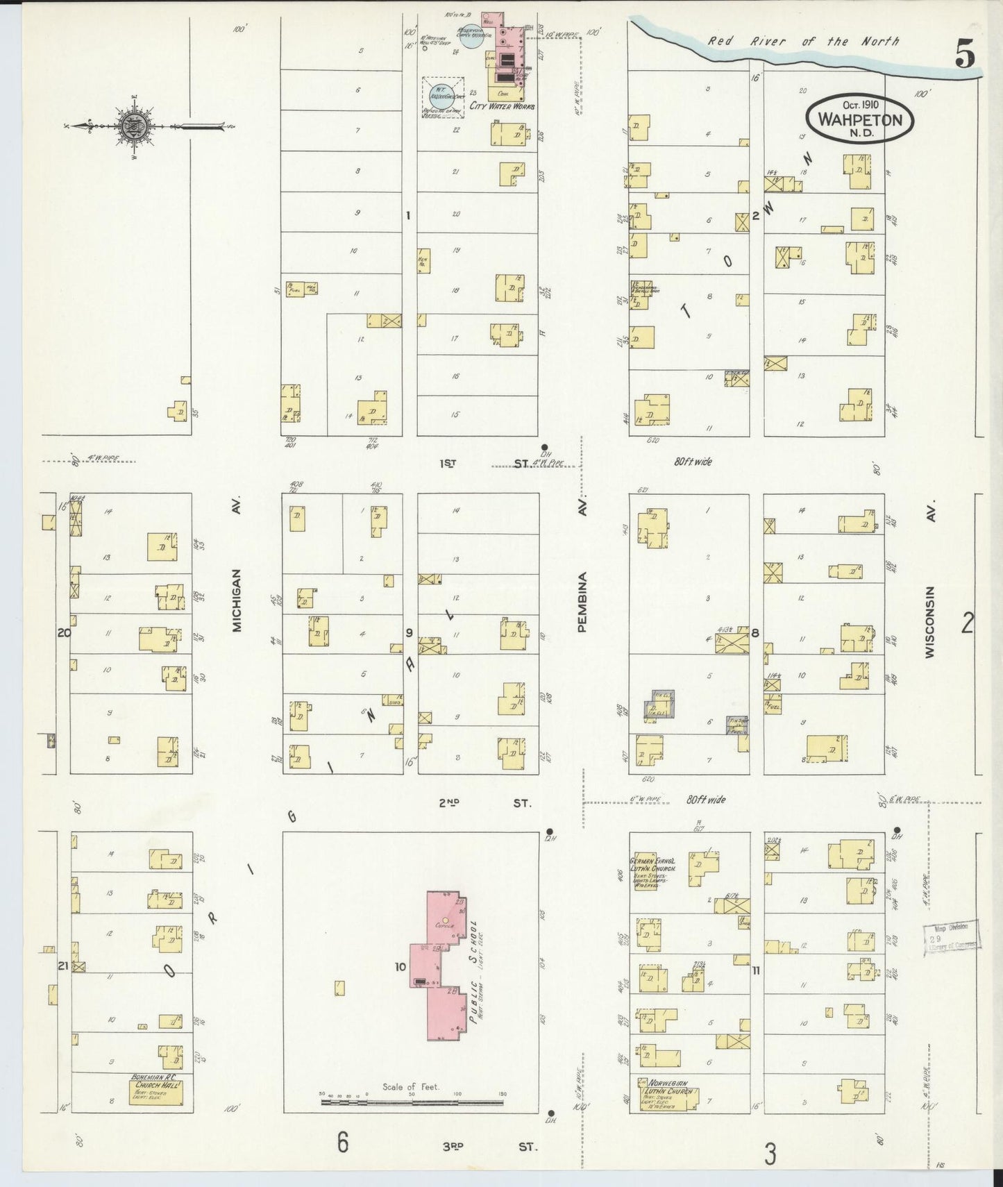 Sanborn Fire Insurance Map from Wahpeton, Richland County, North Dakota (1910), Sheet #0005 - Complete Map Set gallery image, historic Sanborn map, vintage wall art, North Dakota North Dakota