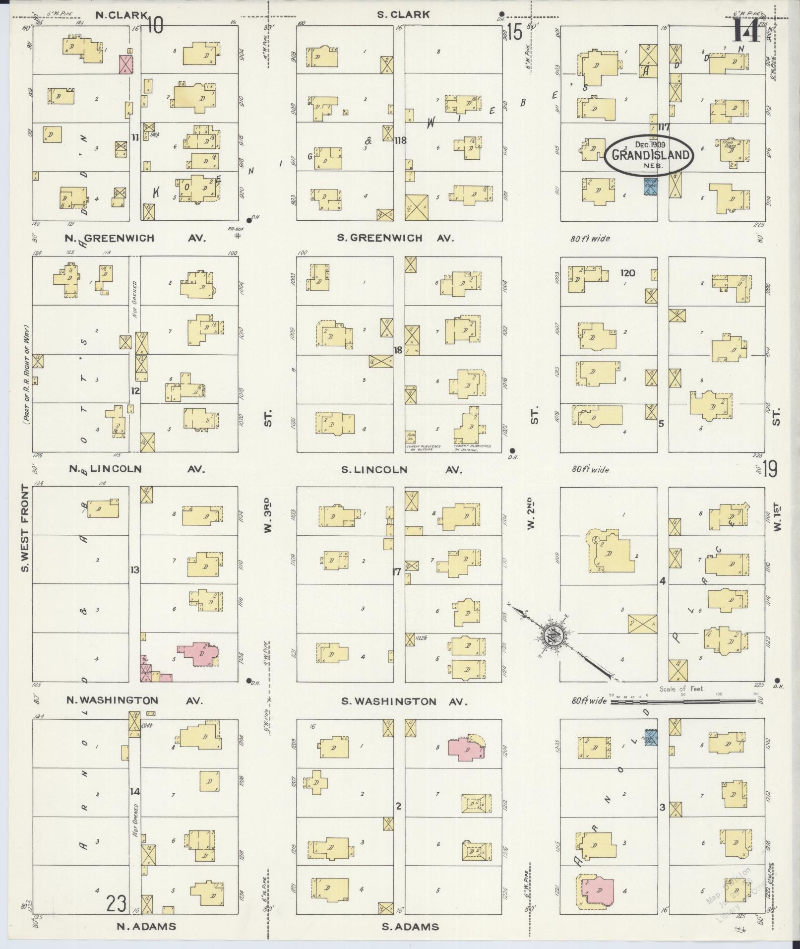Sanborn Fire Insurance Map from Grand Island, Hall County, Nebraska (1909), Sheet #0014 - Historic Sanborn Fire Insurance Map Print, vintage old map wall art, antique decor, genealogy gift, Nebraska Nebraska map