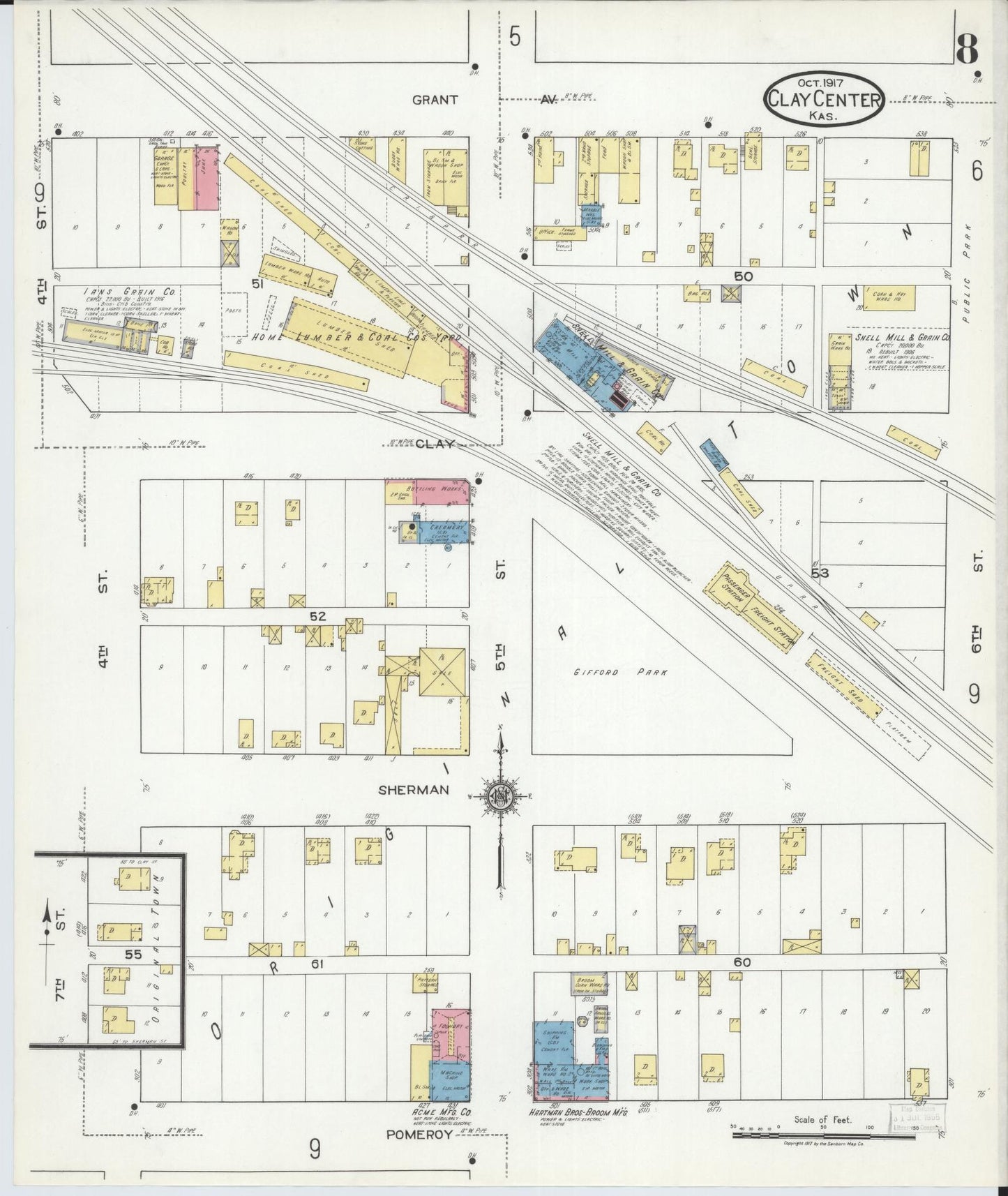 Sanborn Fire Insurance Map from Clay Center, Clay County, Kansas (1917), Sheet #0008 - Complete Map Set gallery image, historic Sanborn map, vintage wall art, Kansas Kansas
