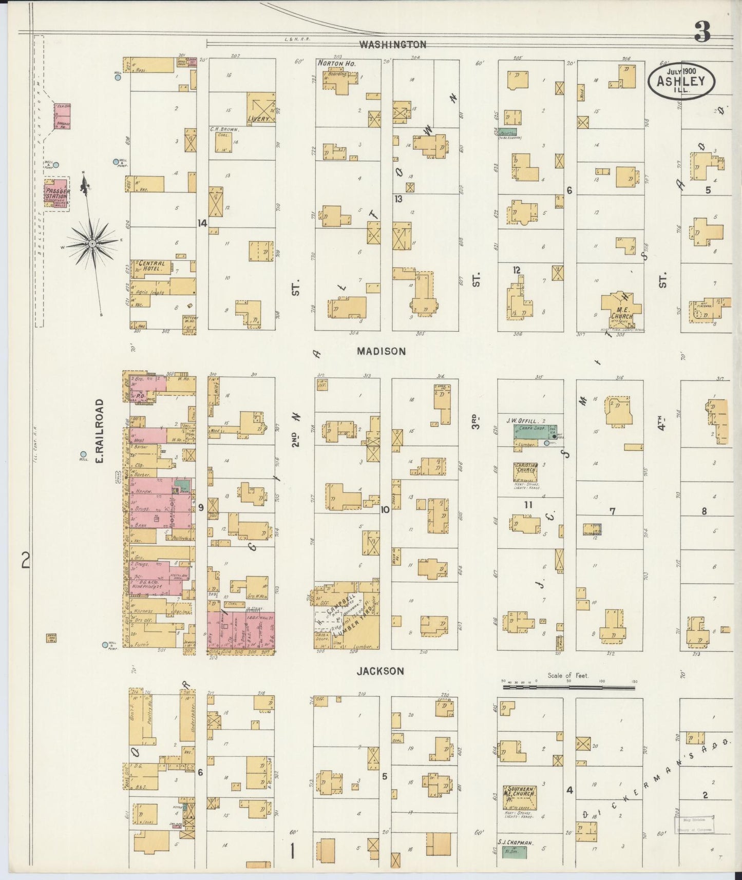Sanborn Fire Insurance Map from Ashley, Washington County, Illinois (1900), Sheet #0003 - Complete Map Set gallery image, historic Sanborn map, vintage wall art, Illinois Illinois