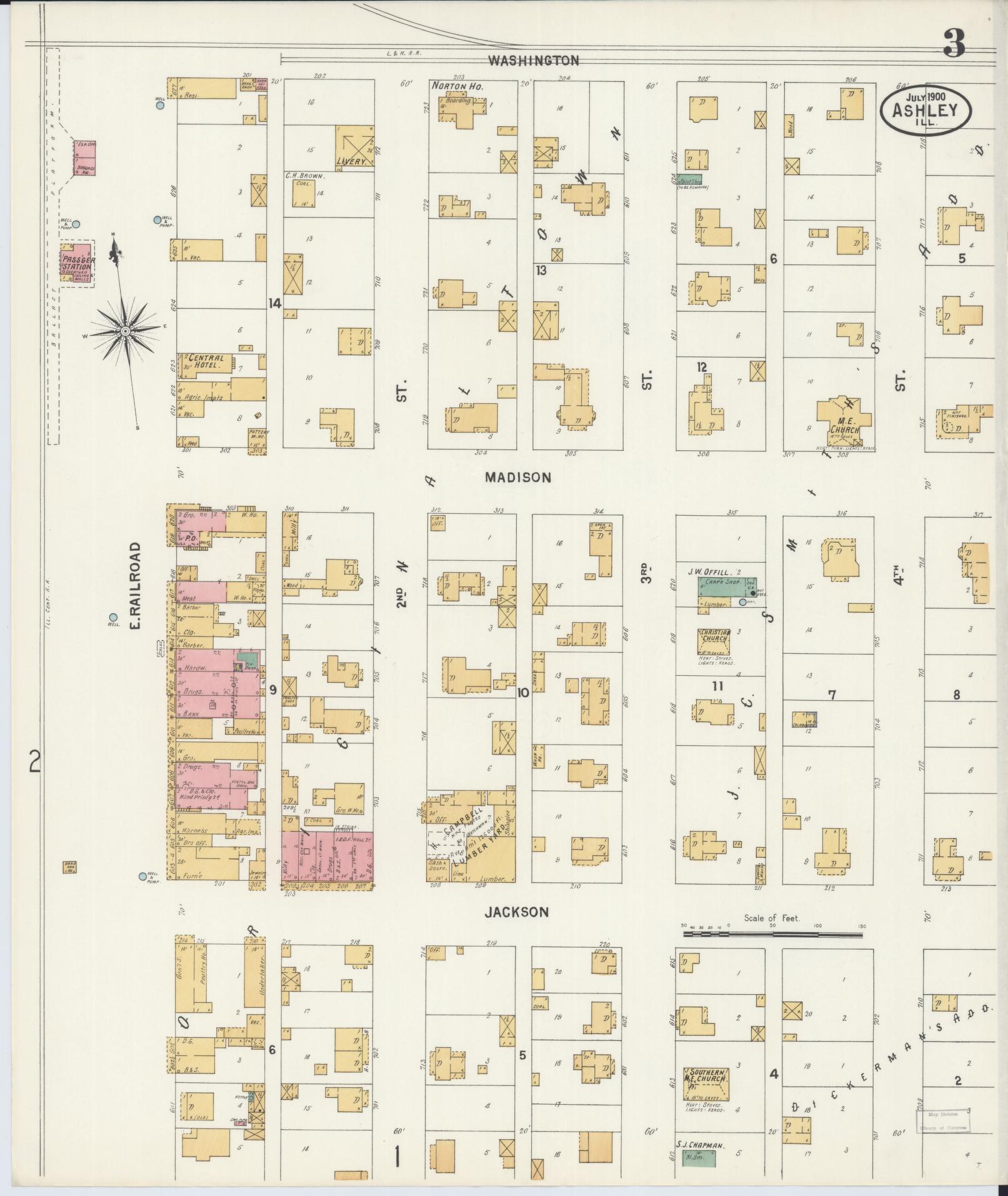 Sanborn Fire Insurance Map from Ashley, Washington County, Illinois (1900), Sheet #0003 - Complete Map Set gallery image, historic Sanborn map, vintage wall art, Illinois Illinois