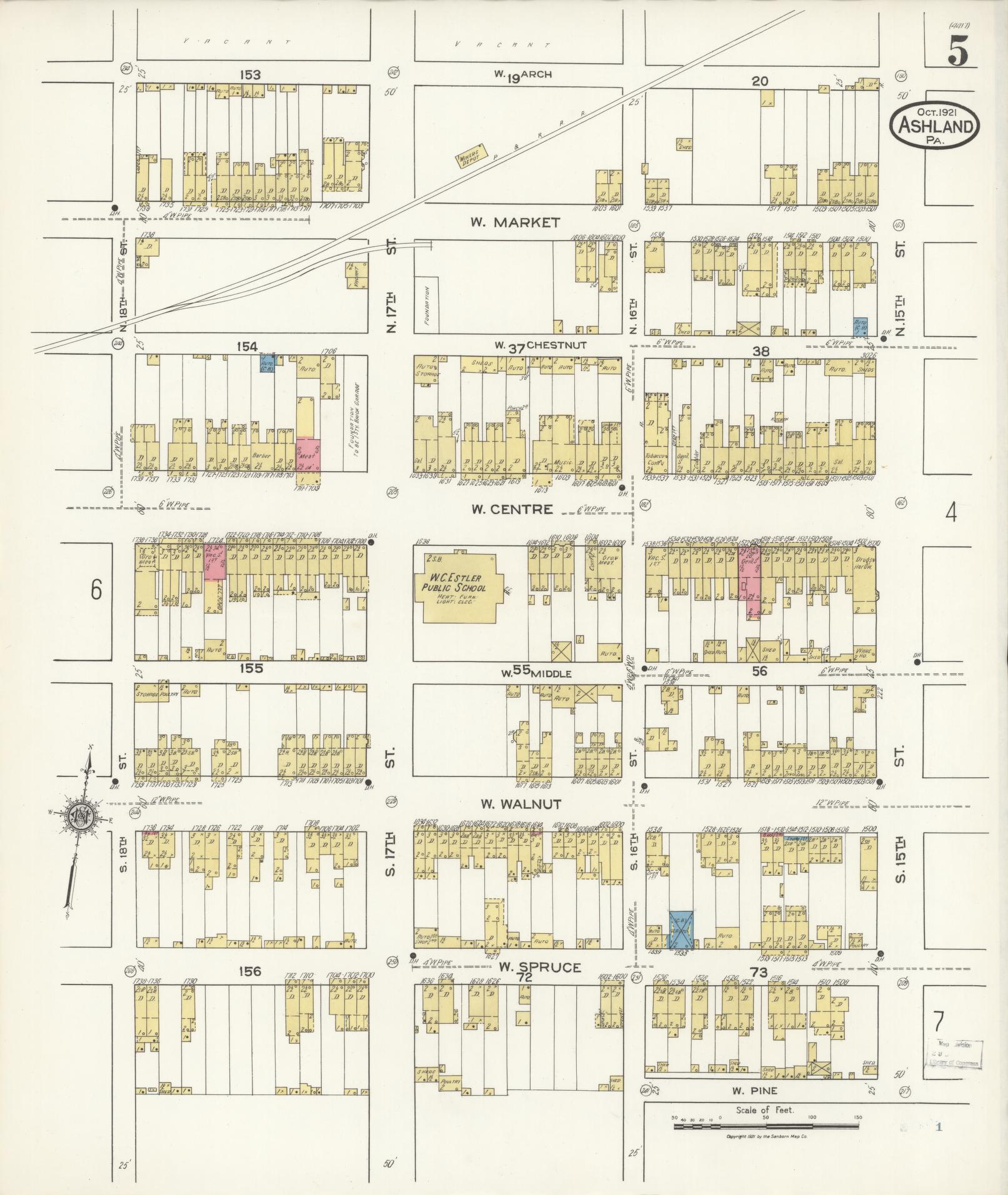 Sanborn Fire Insurance Map from Ashland, Schuylkill County, Pennsylvania (1921), Sheet #0005 - Historic Sanborn Fire Insurance Map Print, vintage old map wall art, antique decor, genealogy gift, Pennsylvania Pennsylvania map