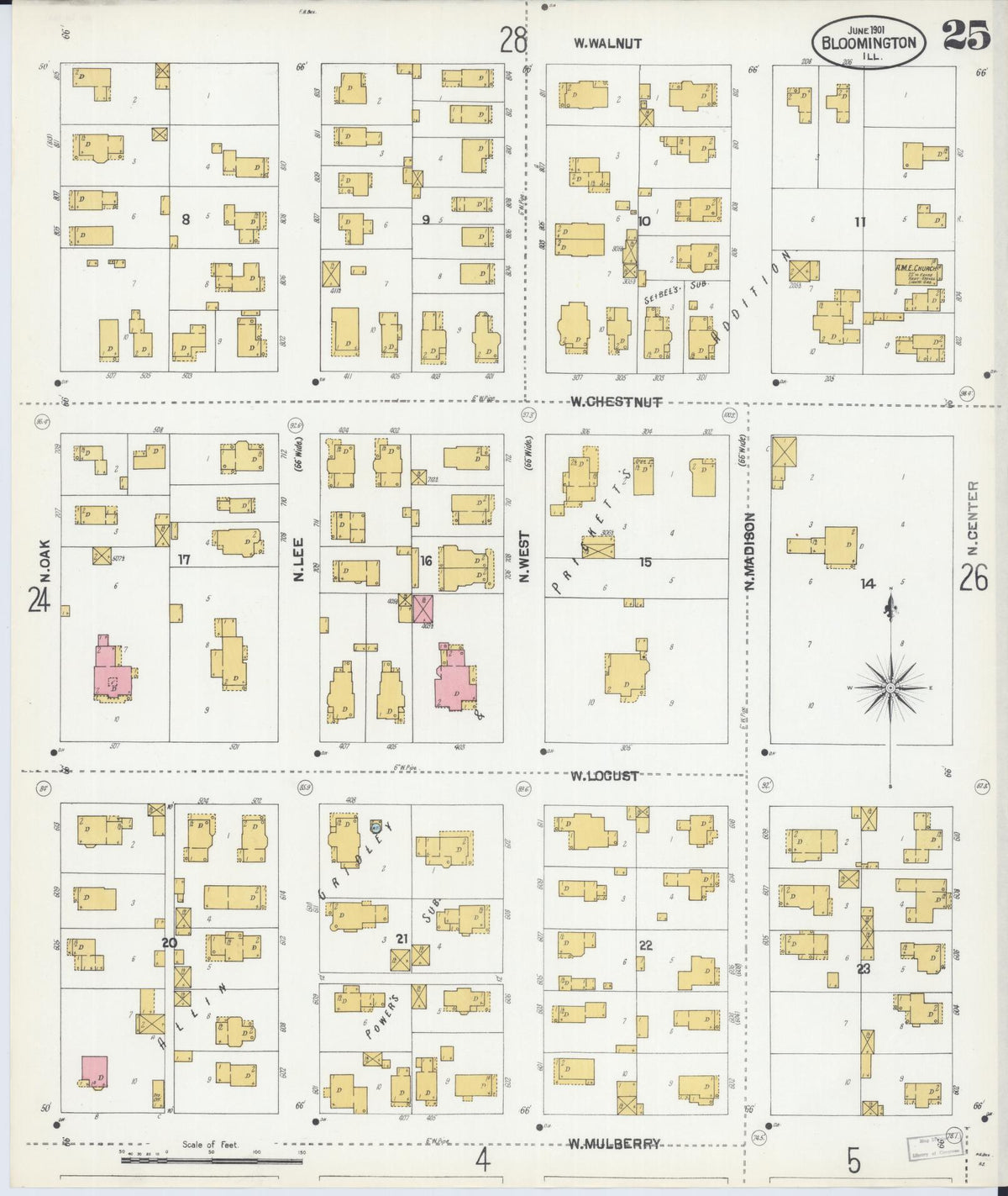 Sanborn Fire Insurance Map from Bloomington, McLean County, Illinois (1901), Sheet #0025 - Complete Map Set gallery image, historic Sanborn map, vintage wall art, Illinois Illinois