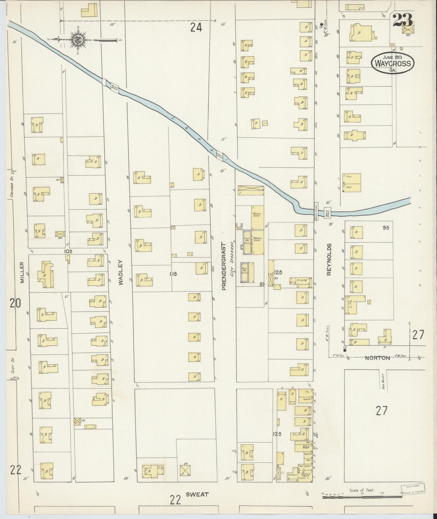 Sanborn Fire Insurance Map from Waycross, Ware County, Georgia (1913), Sheet #0023 - Historic Sanborn Fire Insurance Map Print, vintage old map wall art, antique decor, genealogy gift, Georgia Georgia map
