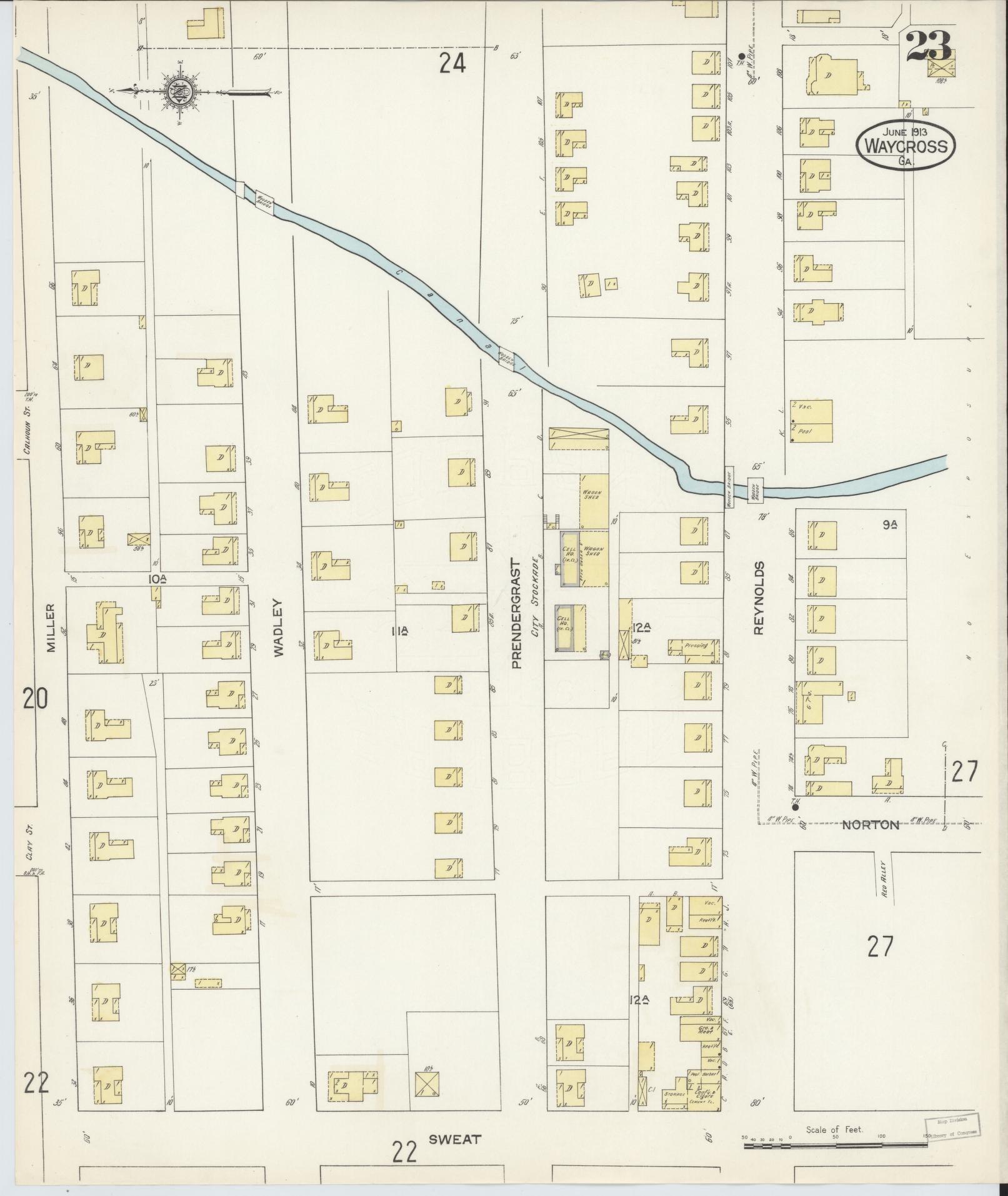 Sanborn Fire Insurance Map from Waycross, Ware County, Georgia (1913), Sheet #0023 - Historic Sanborn Fire Insurance Map Print, vintage old map wall art, antique decor, genealogy gift, Georgia Georgia map