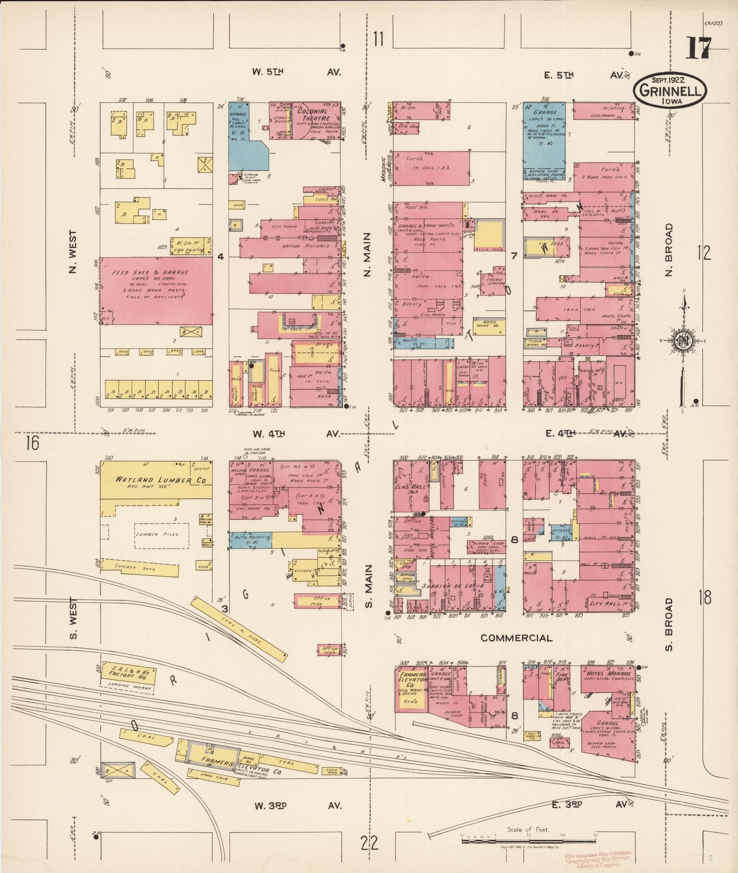 Sanborn Fire Insurance Map from Grinnell, Poweshiek County, Iowa (1922), Sheet #0017 - Historic Sanborn Fire Insurance Map Print, vintage old map wall art