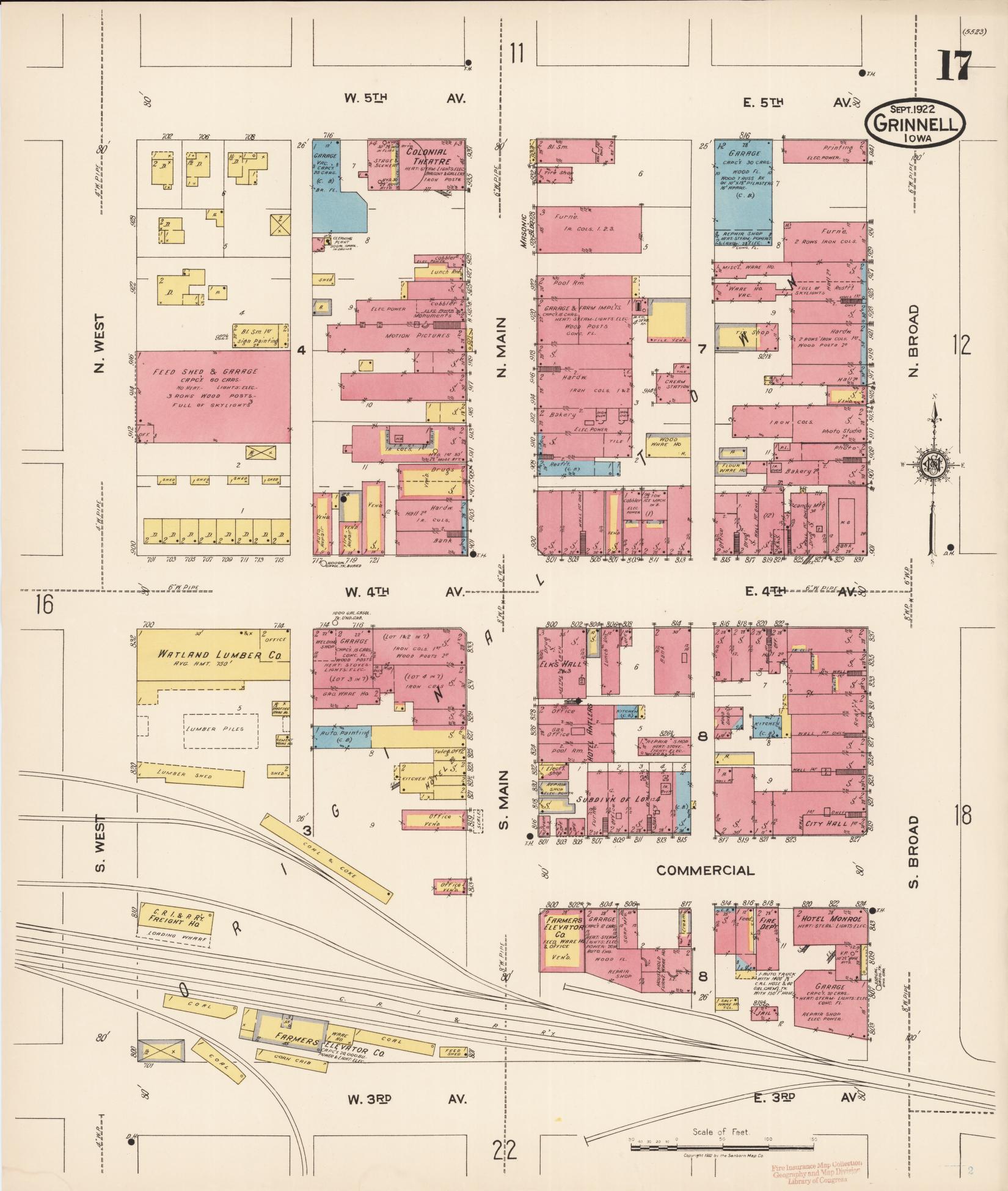 Sanborn Fire Insurance Map from Grinnell, Poweshiek County, Iowa (1922), Sheet #0017 - Historic Sanborn Fire Insurance Map Print, vintage old map wall art