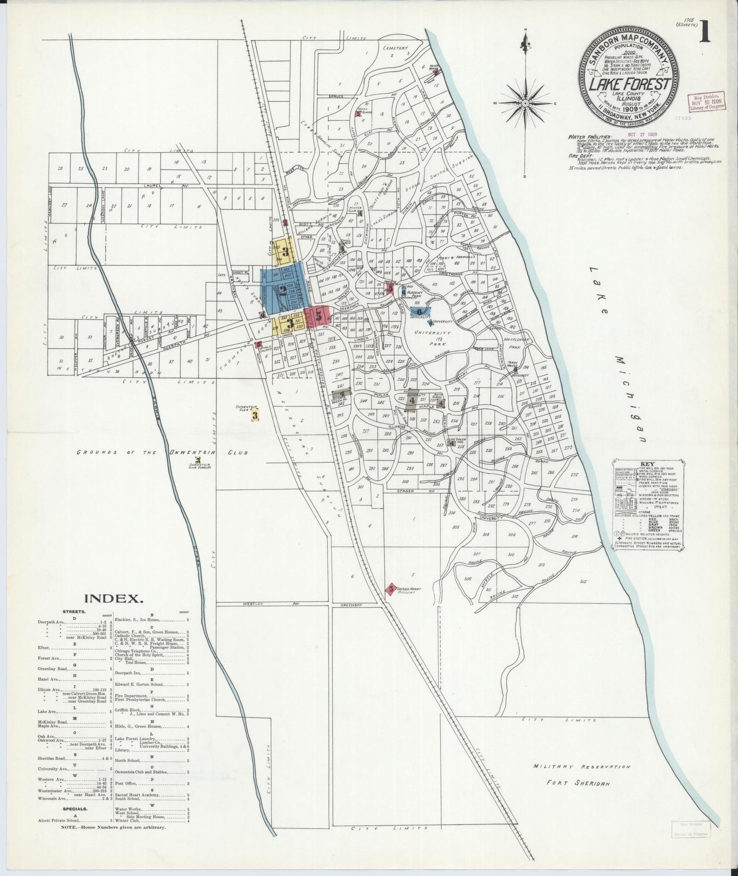 Sanborn Fire Insurance Map from Lake Forest, Lake County, Illinois (1909), Sheet #0001 - Historic Sanborn Fire Insurance Map Print, vintage old map wall art, antique decor, genealogy gift, Illinois Illinois map