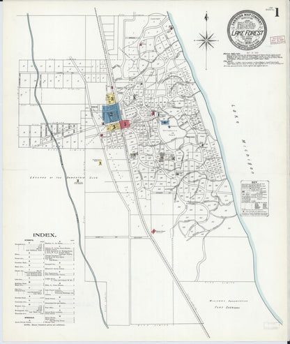 Sanborn Fire Insurance Map from Lake Forest, Lake County, Illinois (1909), Sheet #0001 - Historic Sanborn Fire Insurance Map Print, vintage old map wall art, antique decor, genealogy gift, Illinois Illinois map
