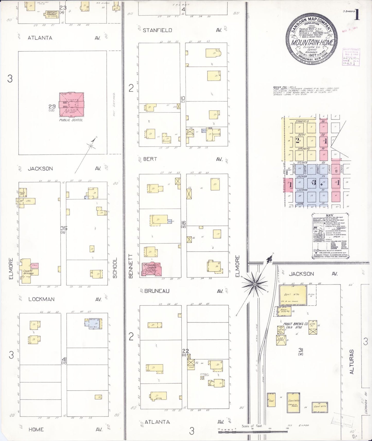 Sanborn Fire Insurance Map from Mountain Home, Elmore County, Idaho (1907), Sheet #0001 - Historic Sanborn Fire Insurance Map Print, vintage old map wall art, antique decor, genealogy gift, Idaho Idaho map