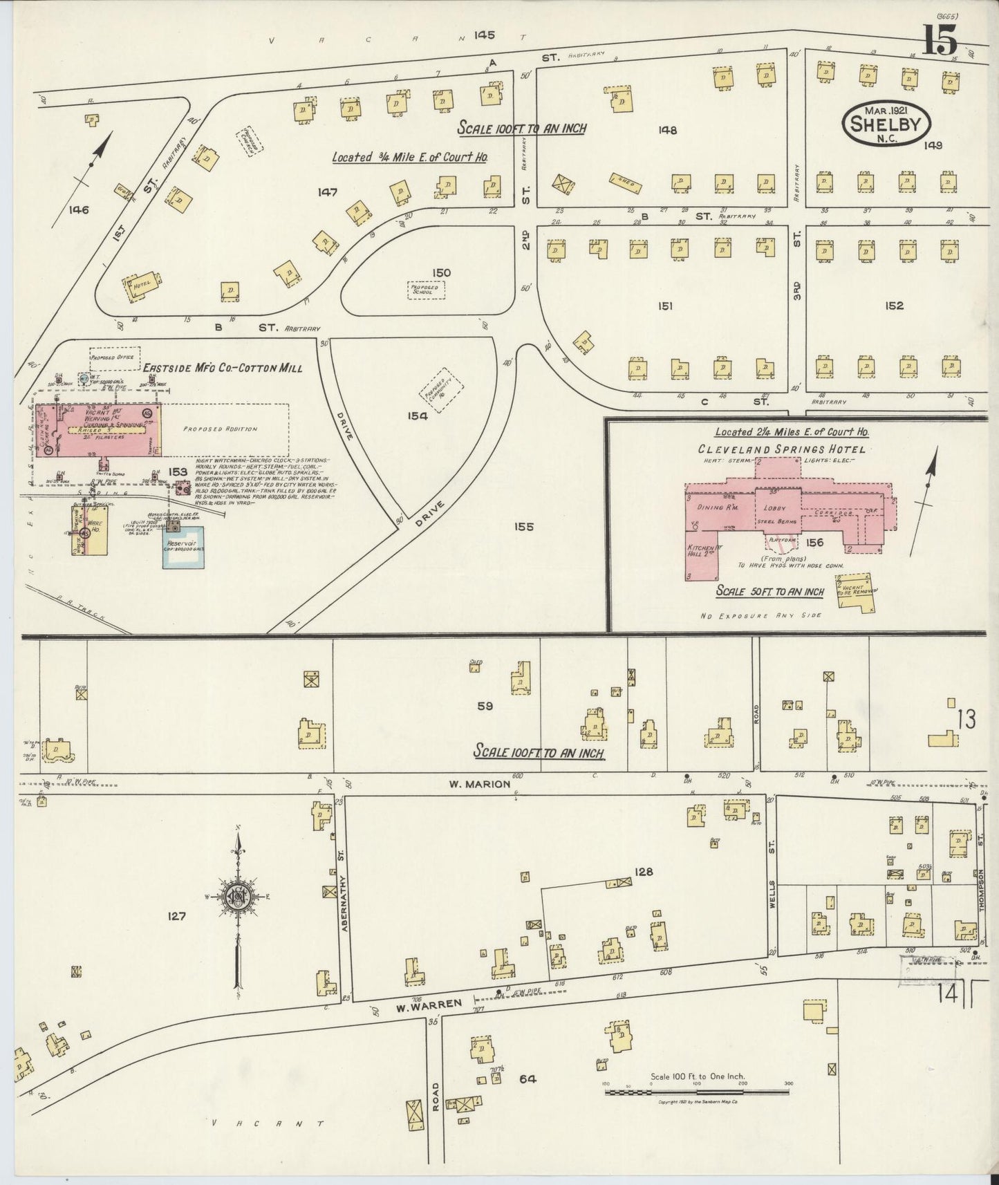 Sanborn Fire Insurance Map from Shelby, Cleveland County, North Carolina (1921), Sheet #0015 - Complete Map Set gallery image, historic Sanborn map, vintage wall art, North Carolina North Carolina