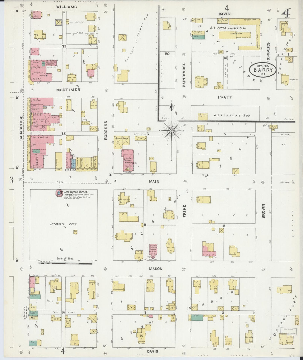 Sanborn Fire Insurance Map from Barry, Pike County, Illinois (1905), Sheet #0004 - Historic Sanborn Fire Insurance Map Print, vintage old map wall art, antique decor, genealogy gift, Illinois Illinois map