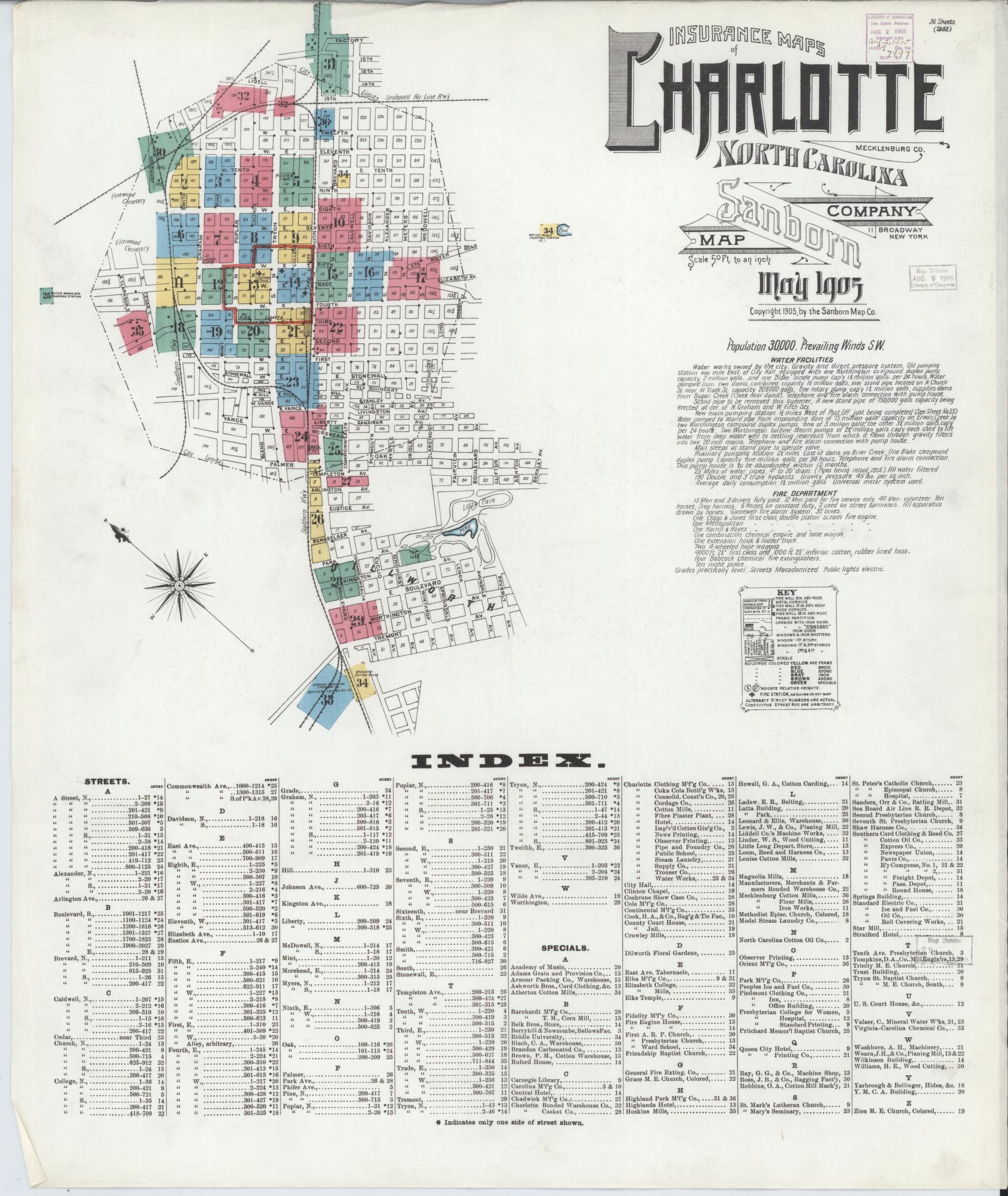 Sanborn Fire Insurance Map from Charlotte, Mecklenburg County, North Carolina (1905), Sheet #0001 - Historic Sanborn Fire Insurance Map Print, vintage old map wall art, antique decor, genealogy gift, North Carolina North Carolina map
