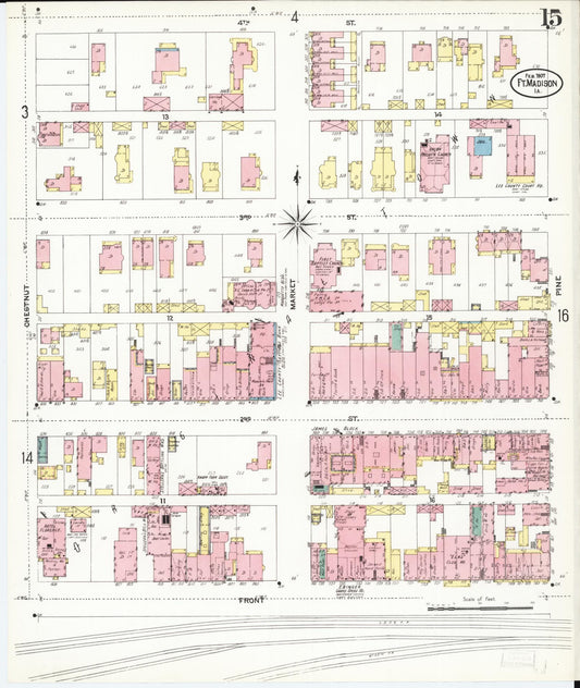 Sanborn Fire Insurance Map from Fort Madison, Lee County, Iowa (1907), Sheet #0015 - Historic Sanborn Fire Insurance Map Print, vintage old map wall art