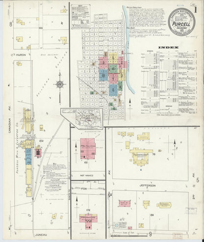 Sanborn Fire Insurance Map from Purcell, McClain County, Oklahoma (1914), Sheet #0001 - Complete Map Set gallery image, historic Sanborn map, vintage wall art, Oklahoma Oklahoma