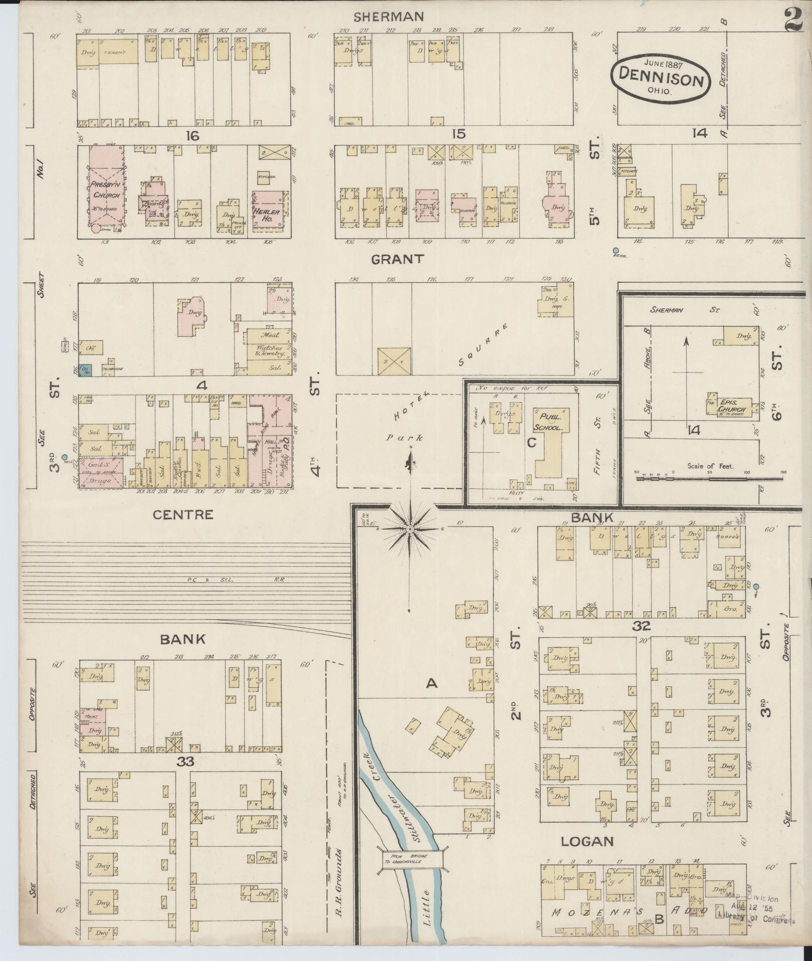 Sanborn Fire Insurance Map from Dennison, Tuscarawas County, Ohio (1887), Sheet #0002 - Historic Sanborn Fire Insurance Map Print, vintage old map wall art, antique decor, genealogy gift, Ohio Ohio map