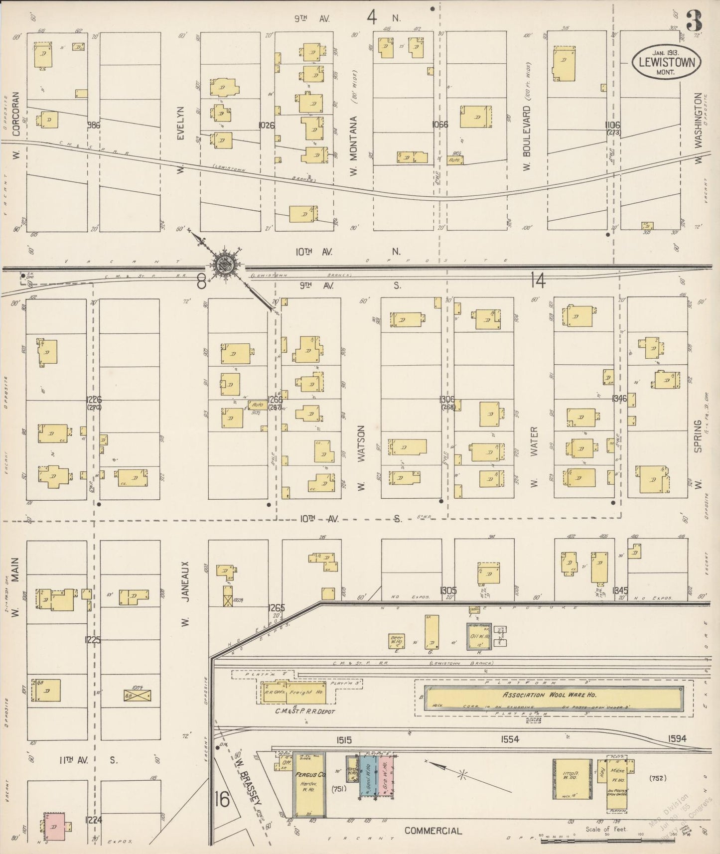 Sanborn Fire Insurance Map from Lewistown, Fergus County, Montana (1913), Sheet #0003 - Complete Map Set gallery image, historic Sanborn map, vintage wall art, Montana Montana