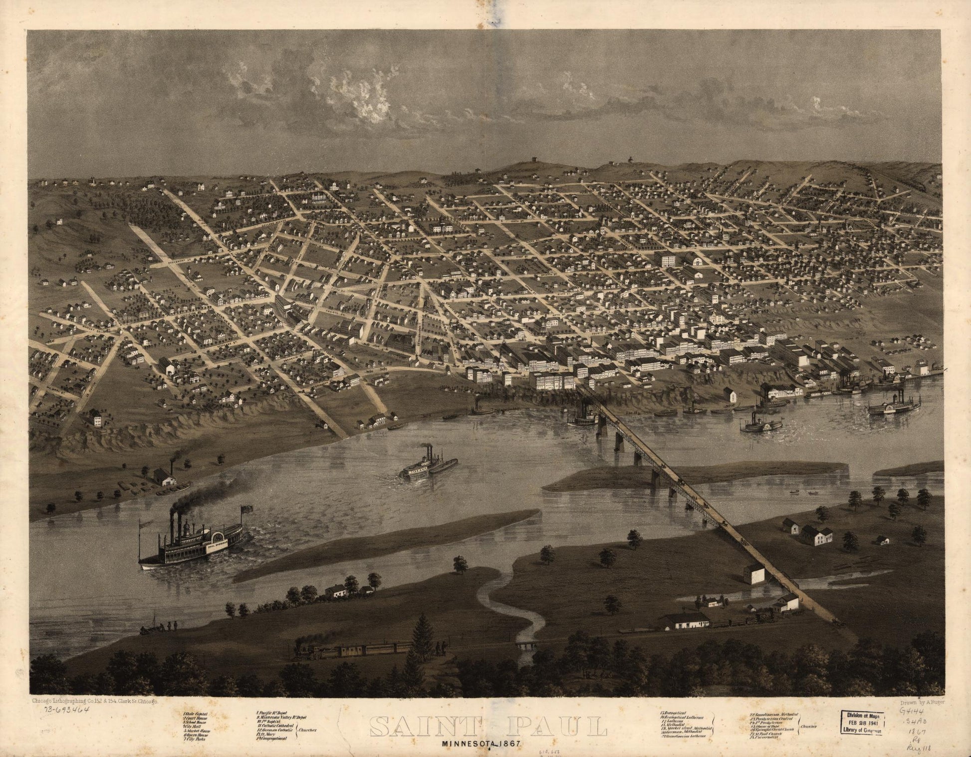 Saint Paul, Minnesota 1867. (1867) – Historic Bird’s-Eye View Panorama Print