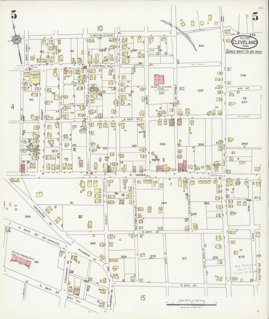 Sanborn Fire Insurance Map from Cleveland, Bradley County, Tennessee (1925), Sheet #0005 - Historic Sanborn Fire Insurance Map Print, vintage old map wall art, antique decor, genealogy gift, Tennessee Tennessee map