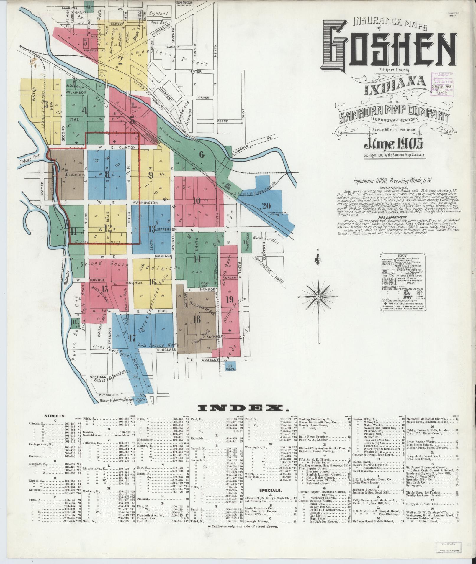 Sanborn Fire Insurance Map from Goshen, Elkhart County, Indiana (1905), Sheet #0001 - Complete Map Set gallery image, historic Sanborn map, vintage wall art, Indiana Indiana