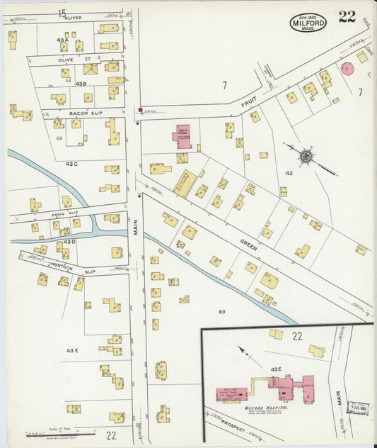 Sanborn Fire Insurance Map from Milford, Worcester County, Massachusetts (1920), Sheet #0022 - Historic Sanborn Fire Insurance Map Print, vintage old map wall art, antique decor, genealogy gift, Massachusetts Massachusetts map