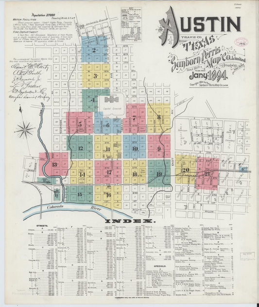Sanborn Fire Insurance Map from Austin, Travis County, Texas (1894), Sheet #0001 - Historic Sanborn Fire Insurance Map Print, vintage old map wall art, antique decor, genealogy gift, Texas Texas map
