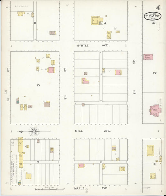 Sanborn Fire Insurance Map from Tempe, Maricopa County, Arizona (1893), Sheet #0004 - Historic Sanborn Fire Insurance Map Print, vintage old map wall art, antique decor, genealogy gift, Arizona Arizona map