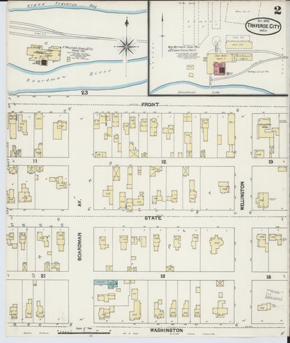 Sanborn Fire Insurance Map from Traverse City, Grand Traverse County, Michigan (1890), Sheet #0002 - Historic Sanborn Fire Insurance Map Print, vintage old map wall art, antique decor, genealogy gift, Michigan Michigan map