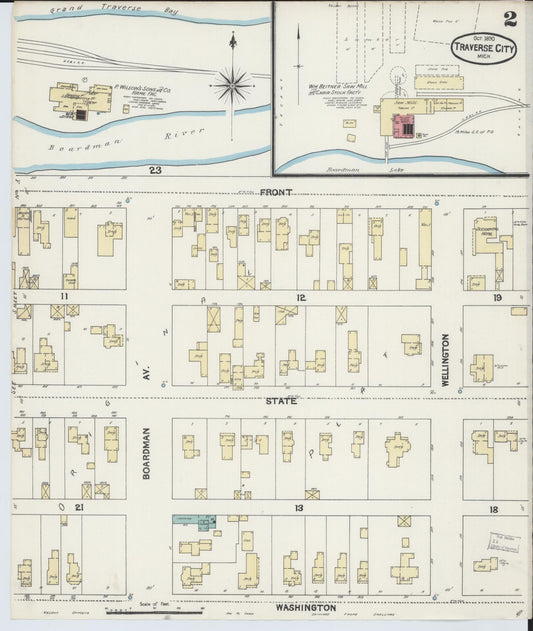 Sanborn Fire Insurance Map from Traverse City, Grand Traverse County, Michigan (1890), Sheet #0002 - Historic Sanborn Fire Insurance Map Print, vintage old map wall art, antique decor, genealogy gift, Michigan Michigan map