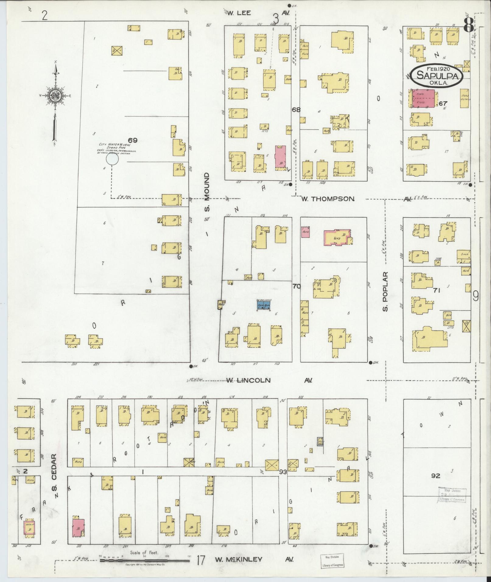 Sanborn Fire Insurance Map from Sapulpa, Creek County, Oklahoma (1920), Sheet #0008 - Historic Sanborn Fire Insurance Map Print, vintage old map wall art, antique decor, genealogy gift, Oklahoma Oklahoma map