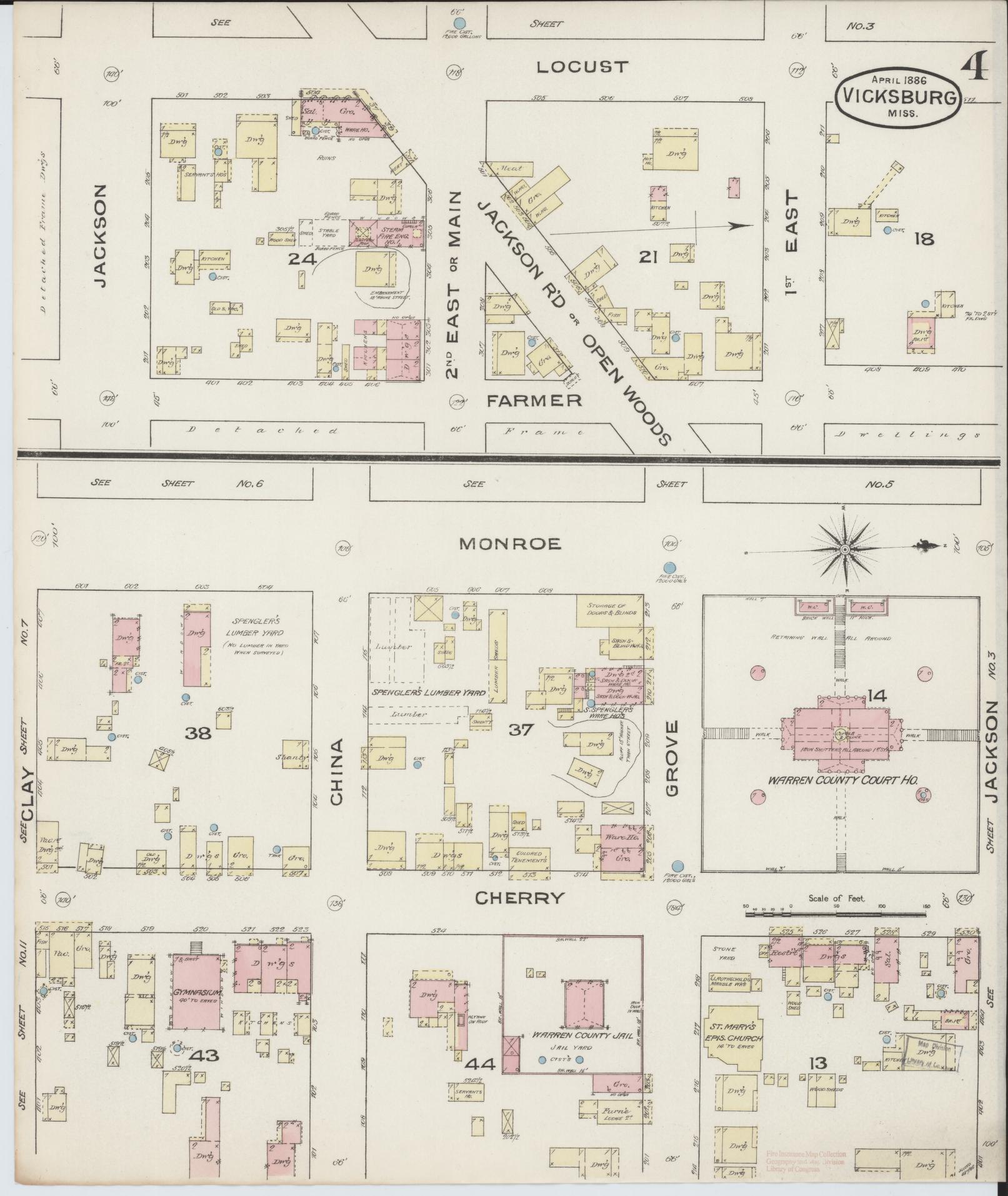 Sanborn Fire Insurance Map from Vicksburg, Warren County, Mississippi (1886), Sheet #0004 - Complete Map Set gallery image, historic Sanborn map, vintage wall art, Mississippi Mississippi