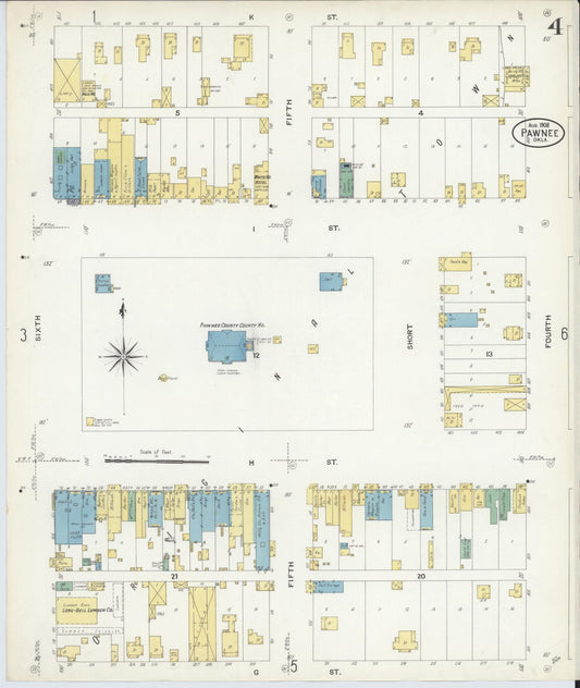 Sanborn Fire Insurance Map from Pawnee, Pawnee County, Oklahoma (1908), Sheet #0004 - Historic Sanborn Fire Insurance Map Print, vintage old map wall art, antique decor, genealogy gift, Oklahoma Oklahoma map