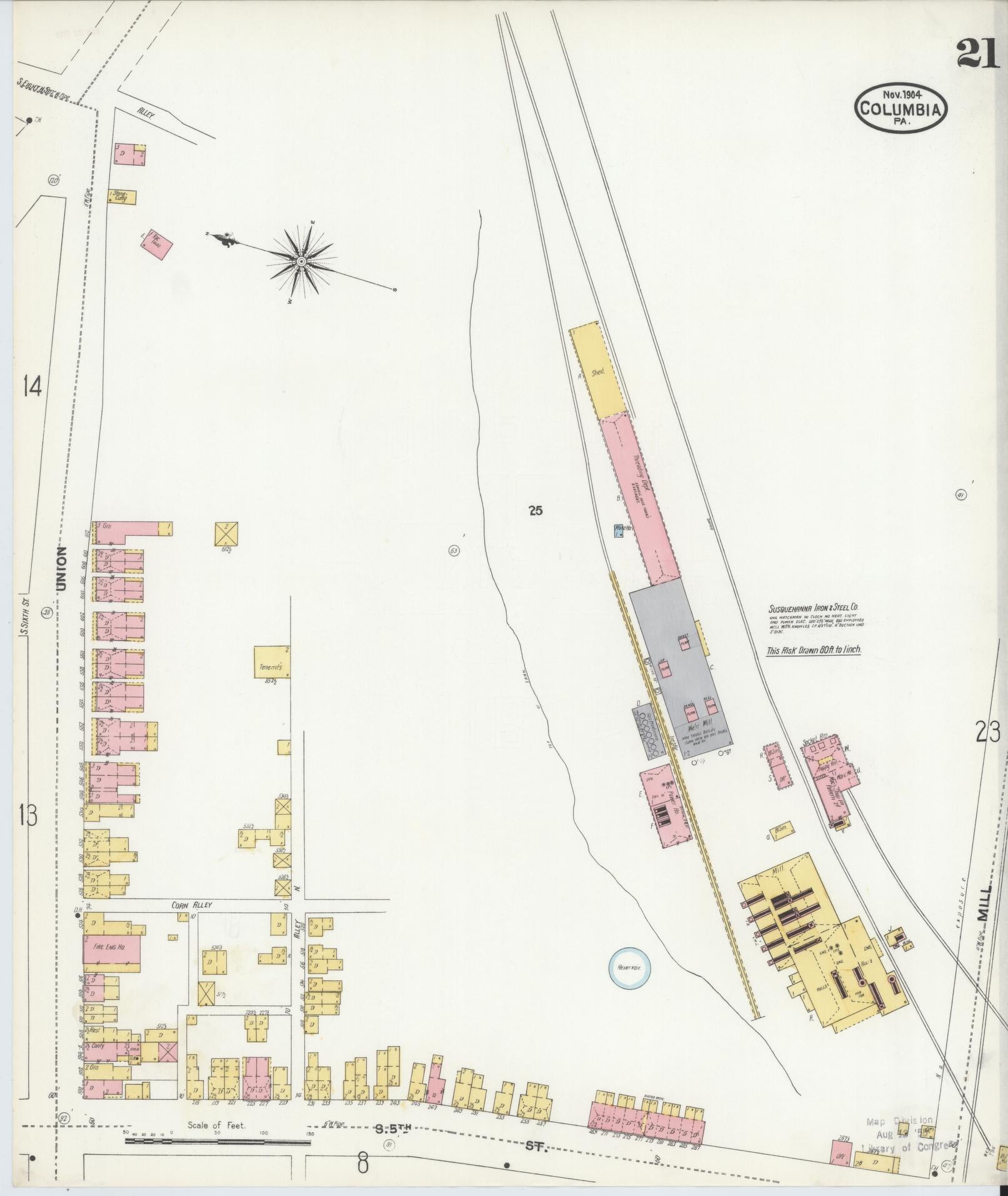 Sanborn Fire Insurance Map from Columbia, Lancaster County, Pennsylvania (1904), Sheet #0021 - Historic Sanborn Fire Insurance Map Print, vintage old map wall art, antique decor, genealogy gift, Pennsylvania Pennsylvania map