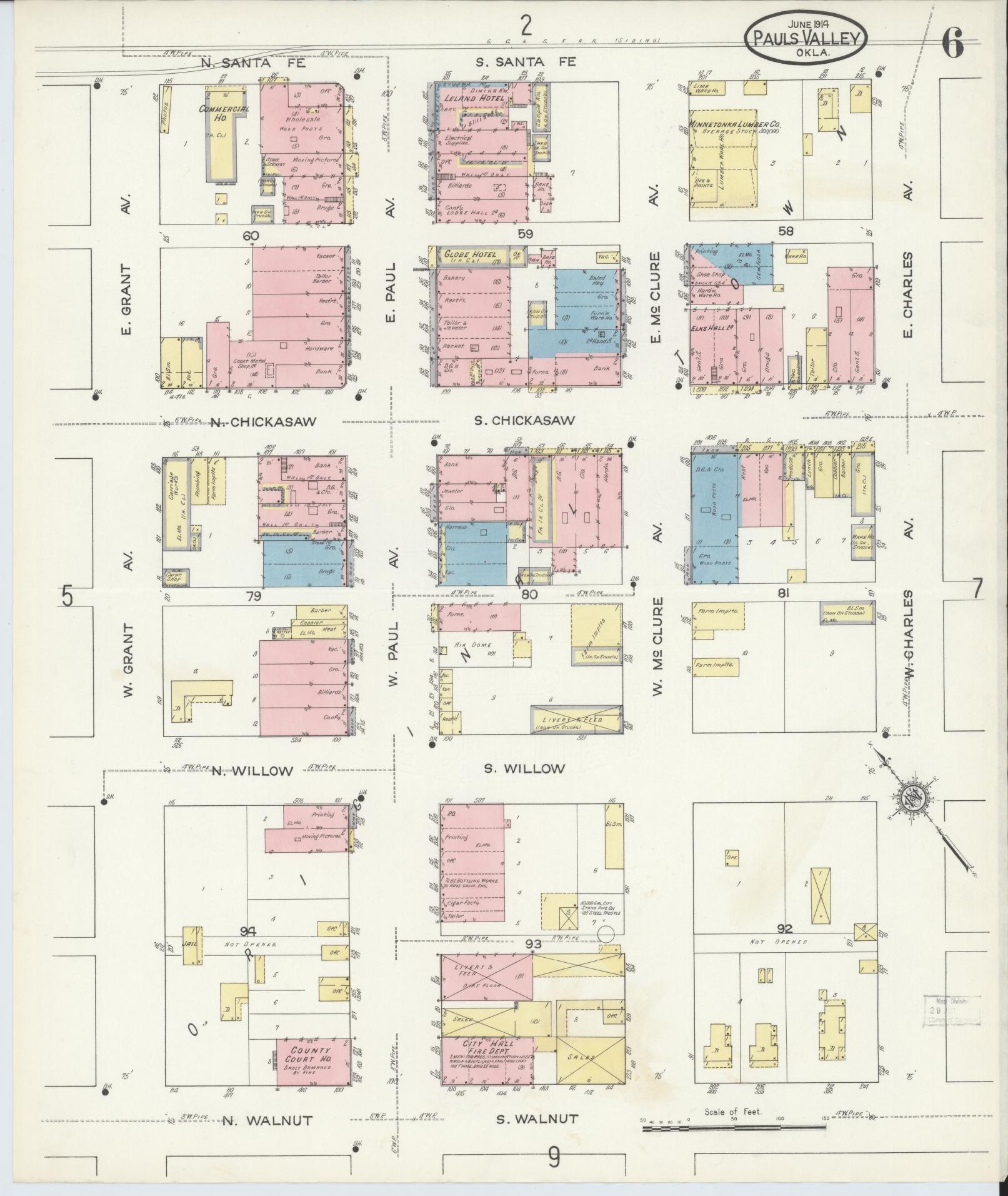 Sanborn Fire Insurance Map from Pauls Valley, Garvin County, Oklahoma (1914), Sheet #0006 - Historic Sanborn Fire Insurance Map Print, vintage old map wall art, antique decor, genealogy gift, Oklahoma Oklahoma map