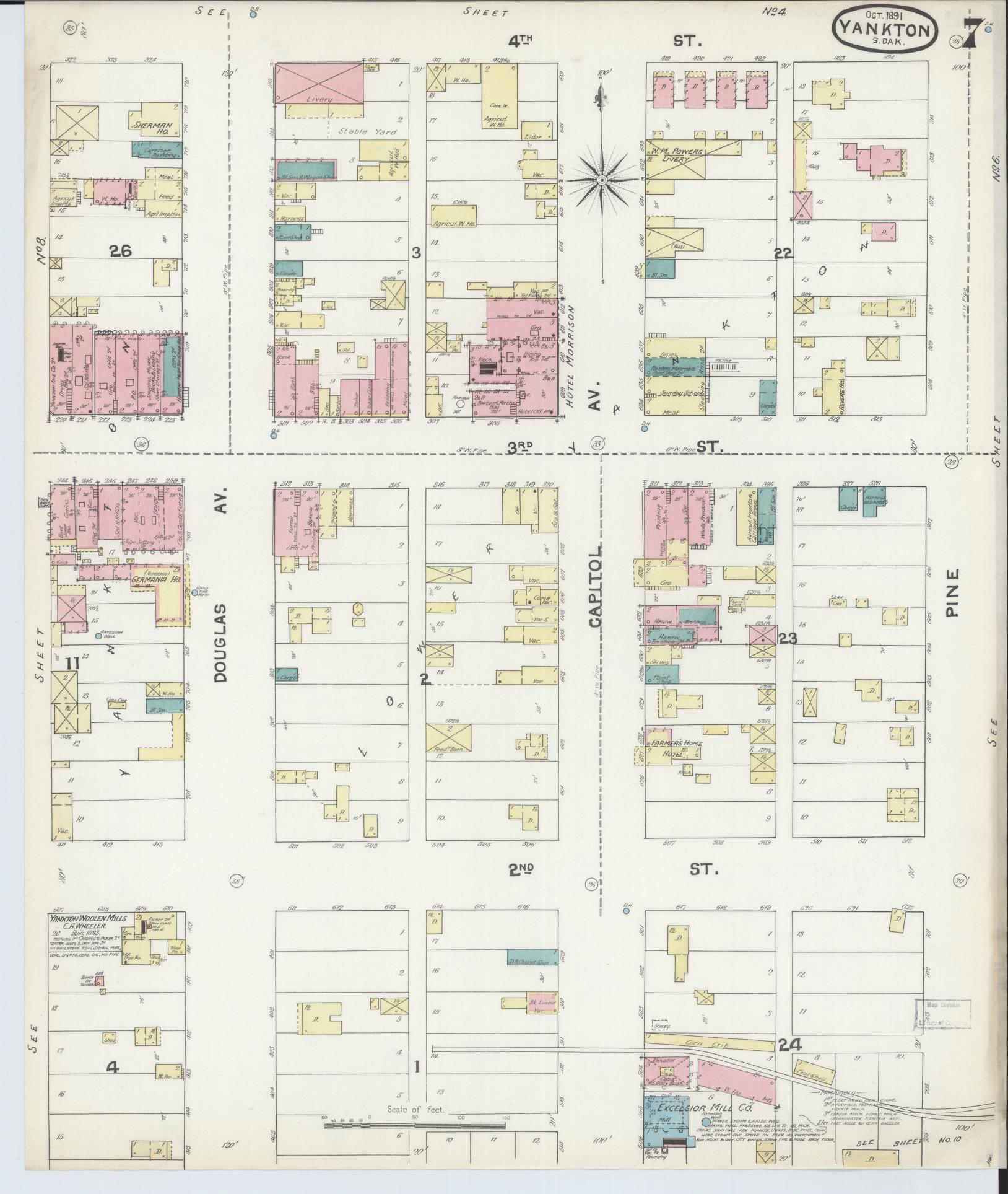 Sanborn Fire Insurance Map from Yankton, Yankton County, South Dakota (1891), Sheet #0007 - Historic Sanborn Fire Insurance Map Print, vintage old map wall art, antique decor, genealogy gift, South Dakota South Dakota map