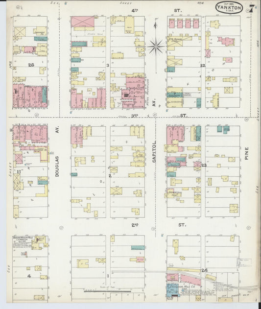 Sanborn Fire Insurance Map from Yankton, Yankton County, South Dakota (1891), Sheet #0007 - Historic Sanborn Fire Insurance Map Print, vintage old map wall art, antique decor, genealogy gift, South Dakota South Dakota map