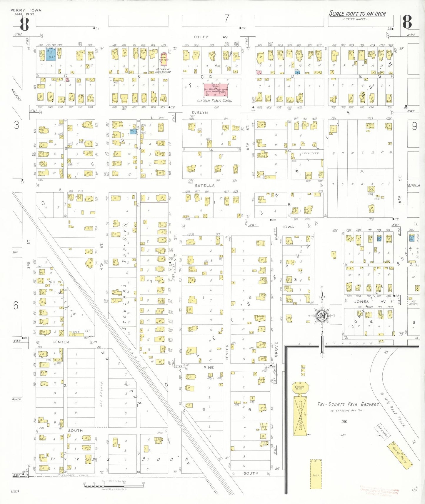 Sanborn Fire Insurance Map from Perry, Dallas County, Iowa (1933), Sheet #0008 - Historic Sanborn Fire Insurance Map Print, vintage old map wall art