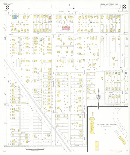 Sanborn Fire Insurance Map from Perry, Dallas County, Iowa (1933), Sheet #0008 - Historic Sanborn Fire Insurance Map Print, vintage old map wall art