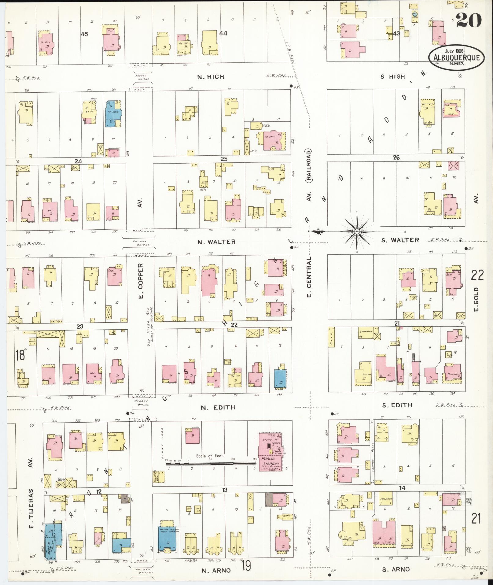 Sanborn Fire Insurance Map from Albuquerque, Bernalillo County, New Mexico (1908), Sheet #0020 - Historic Sanborn Fire Insurance Map Print, vintage old map wall art, antique decor, genealogy gift, New Mexico New Mexico map