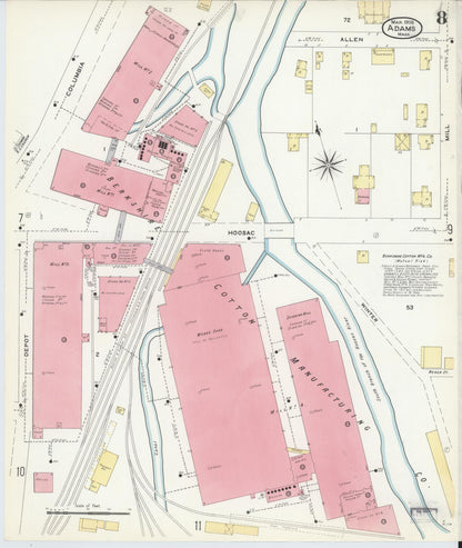 Sanborn Fire Insurance Map from Adams, Berkshire County, Massachusetts (1908), Sheet #0008 - Historic Sanborn Fire Insurance Map Print, vintage old map wall art, antique decor, genealogy gift, Massachusetts Massachusetts map
