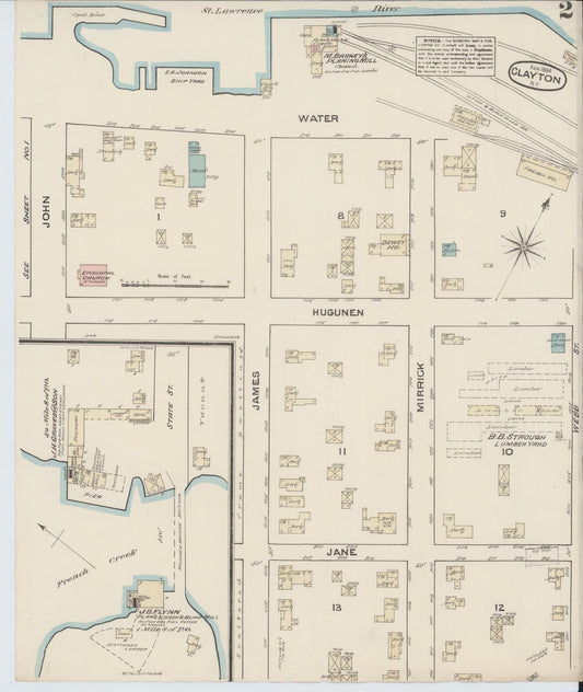 Sanborn Fire Insurance Map from Clayton, Jefferson County, New York (1884), Sheet #0002 - Historic Sanborn Fire Insurance Map Print, vintage old map wall art, antique decor, genealogy gift, New York New York map