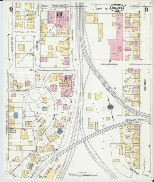 Sanborn Fire Insurance Map from Bellaire, Belmont County, Ohio (1924), Sheet #0009 - Historic Sanborn Fire Insurance Map Print, vintage old map wall art, antique decor, genealogy gift, Ohio Ohio map