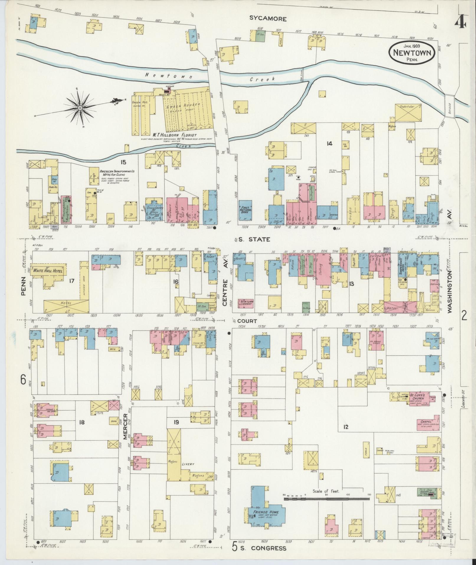 Sanborn Fire Insurance Map from Newtown, Bucks County, Pennsylvania (1909), Sheet #0004 - Complete Map Set gallery image, historic Sanborn map, vintage wall art, Pennsylvania Pennsylvania