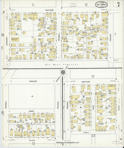 Sanborn Fire Insurance Map from Key West, Monroe County, Florida (1912), Sheet #0007 - Historic Sanborn Fire Insurance Map Print, vintage old map wall art, antique decor, genealogy gift, Florida Florida map