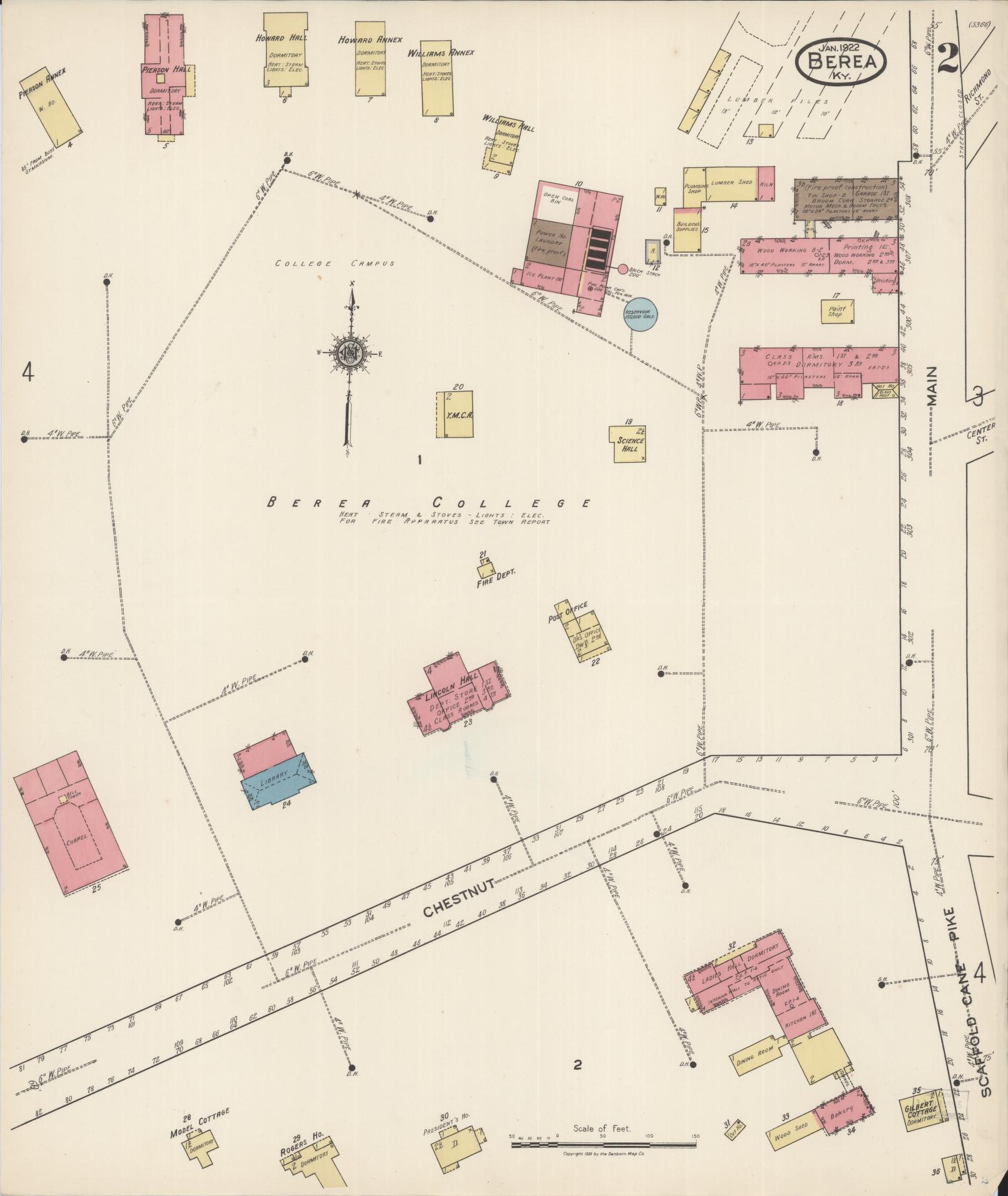 Sanborn Fire Insurance Map from Berea, Madison County, Kentucky (1922), Sheet #0002 - Historic Sanborn Fire Insurance Map Print, vintage old map wall art, antique decor, genealogy gift, Kentucky Kentucky map